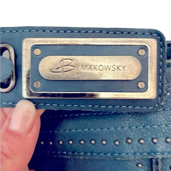 B Makowsky Teal Blue Leather Shoulder Bag w/ Studs + Leopard - Picture 2 of 10